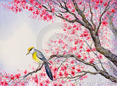 Beautiful bird on flowering branch. Watercolor painting Stock Photo