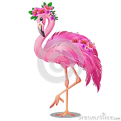 Beautiful bird pink flamingo with flowers isolated on white background. Vector cartoon close-up illustration. Vector Illustration