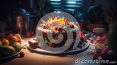 Beautiful birthday cake with various fruits and berries Stock Photo