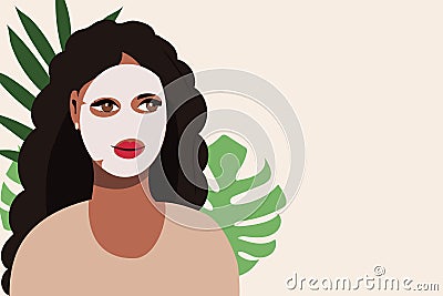 Beautiful bkack young woman applying cosmetic product skin care mask. Woman's face and green plant. Skin care banner Vector Illustration