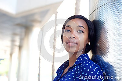 Beautiful black business woman in blue shirt Stock Photo