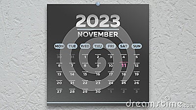 A beautiful black November page of the calendar 2023 with the marked Veterans Day on it Stock Photo