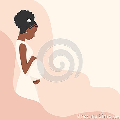 Beautiful black pregnant woman hugs her belly Vector Illustration