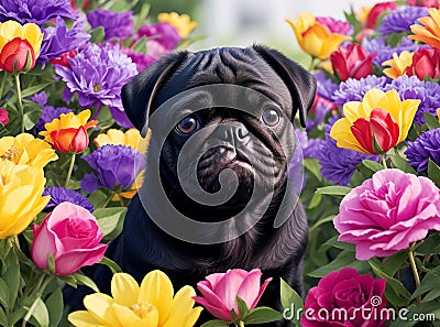 Beautiful black pug puppy in the middle of lots of colorful flowers Stock Photo