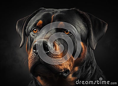 Beautiful black Rottweiller dog posing to camera in front of black background. Genearative AI of a Rottweiler.. Stock Photo