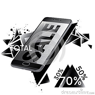 Beautiful black smartphone. Ready-made flyer design and sales flyers. Total discounts of 30%, 50%, 70%. Vector illustration for a Vector Illustration