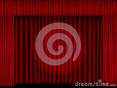 Beautiful black theatre stage vector with red folded curtain drapes lit with a spotlight Vector Illustration
