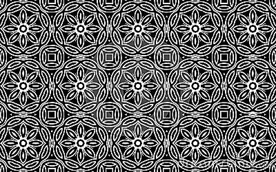 Beautiful black white geometric pattern of flowers and shapes in original oriental ethnic style for coloring. Vector Illustration