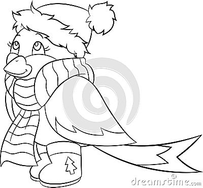 Adorable black and white illustration of a winter sparrow, perfect for children`s coloring book or Christmas card Vector Illustration