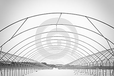 Beautiful black and white shot of a snowy roadway with metallic arches Stock Photo