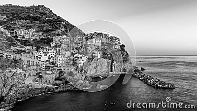 Beautiful black and white view of the village of Manarola at sunset, Cinque Terre, Liguria, Italy Stock Photo