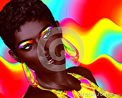 Beautiful Black Woman with colorful make up and a wavy Summer fun background Stock Photo