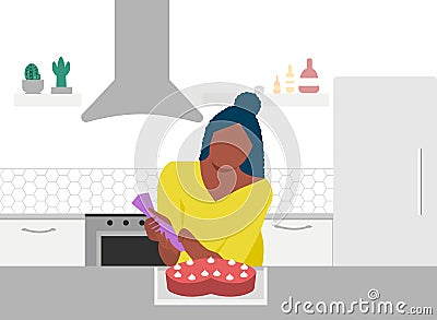 Beautiful black woman cooking sweet cake on kitchen table in kitchen. Girl cooking pie. Baking workshop. Freelance chef Vector Illustration