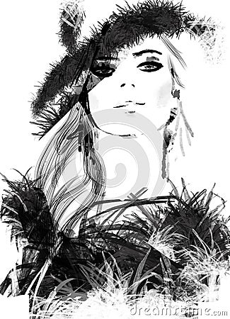 Beautiful woman vogue vintage model. Cartoon Illustration