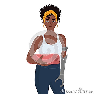 Beautiful black woman with prosthetic arm holding yoga mat ready to workout Stock Photo