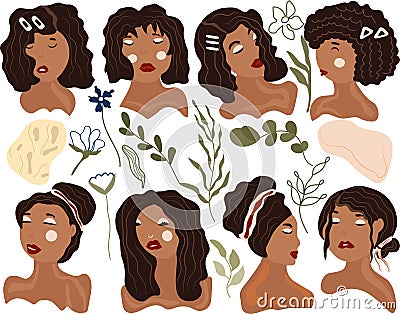 Beautiful black womans with different hair style and face types. Trending womans with flowers, leaves. Collection Vector Illustration