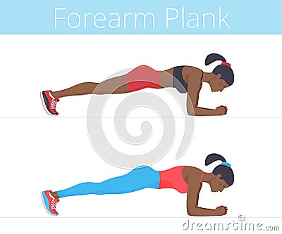 Beautiful black young women are doing the forearm plank exercise Vector Illustration