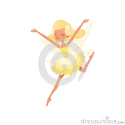 Beautiful blond fairy in action with hands up. Girl wearing bright yellow dress. Mythical creature with magic wings Vector Illustration