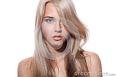 Beautiful Blond Girl. Healthy Long Hair. White Background Stock Photo