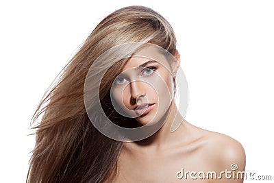 Beautiful Blond Girl. Healthy Long Hair. White Background Stock Photo