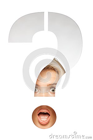 Blond girl behind a question mark sign Stock Photo