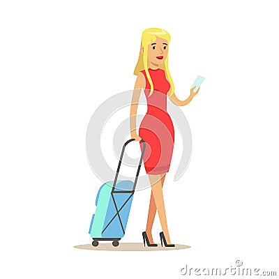 Beautiful blond girl in a red dress traveling with a suitcase. Colorful cartoon character vector Illustration Vector Illustration