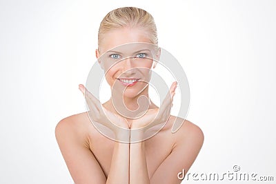 Beautiful blond girl smiling with open arms Stock Photo