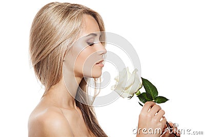 Beautiful Blond Girl With White Rose Stock Photo