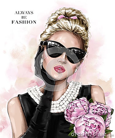 Beautiful blond hair girl in sunglasses. Fashion girl with hair bun. Pretty woman with peonies. Stylish look. Woman in black glove Cartoon Illustration