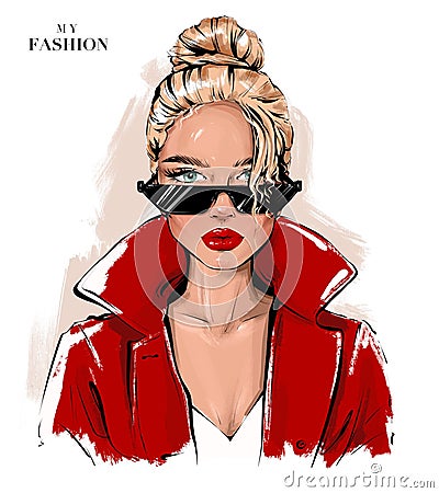 Beautiful blond hair girl in sunglasses. Woman with hair bun. Fashion woman. Pretty girl. Fashion illustration. Cartoon Illustration