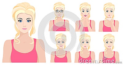 Beautiful blond model girl with different facial emotions and expressions set. Vector illustration. Vector Illustration