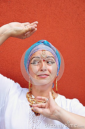 Beautiful blond senior woman with Indian jewleries Stock Photo