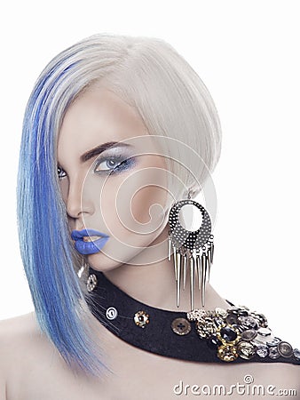 Beautiful blond woman with blue hair Stock Photo