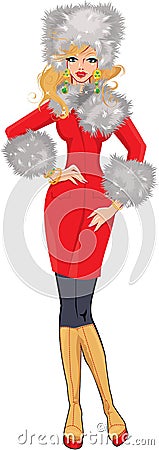 Beautiful blond woman dressing in red coat with wh Vector Illustration