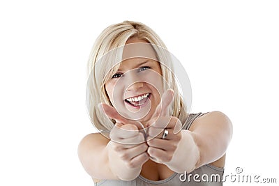 Beautiful blond woman holds both thumbs up Stock Photo