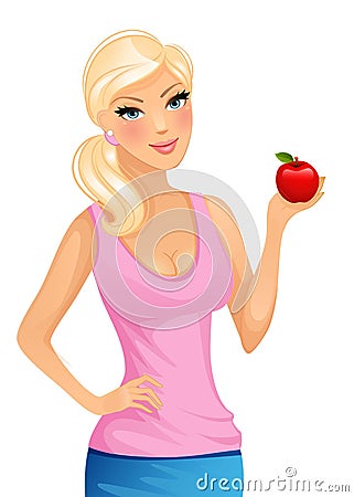 Beautiful blond woman with red apple Vector Illustration