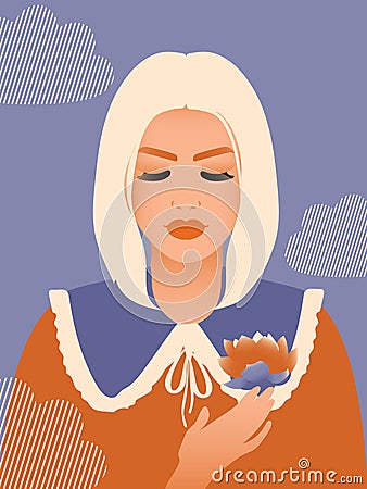 A woman with white hair holds a lotus flower in her hand. There are pure thoughts in her head. Vector Illustration