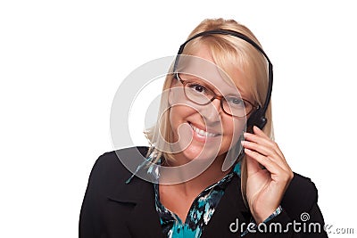 Beautiful Blonde Customer Support Woman with Heads Stock Photo
