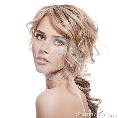 Beautiful Blonde Girl. Healthy Long Curly Hair. Stock Photo