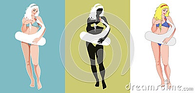 Beautiful blonde girl with long hair in a retro pinup style bikini, with a float in the shape of a swan. Modern allegory of Greek Vector Illustration