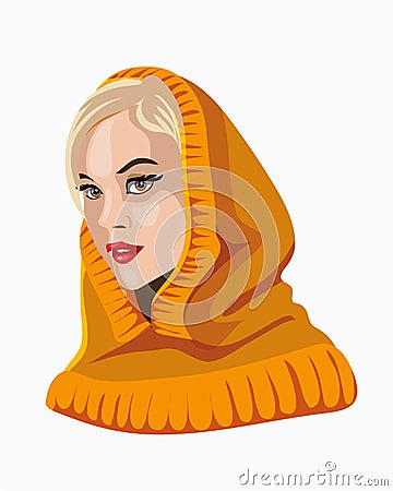 Beautiful blonde girl in a orange scarf.A very nice girl smiles and look askance.Orange Shawl. Emotion woman face Vector Illustration