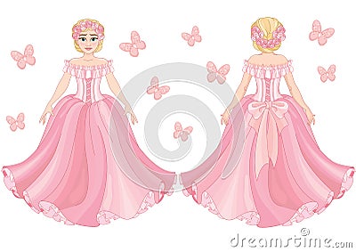 Beautiful blonde girl in pink long dress front and back Vector Illustration