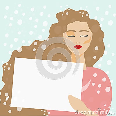 Beautiful blonde girl shows a white sheet on winter background Vector Illustration