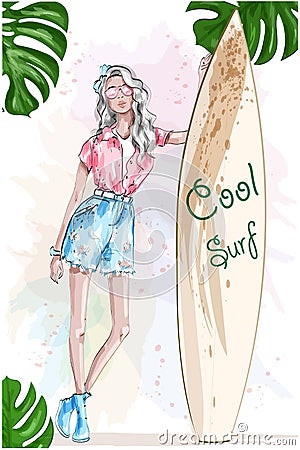 Beautiful blonde girl with surfboard. Pretty sport girl. Summer look. Summer rest. Vector Illustration