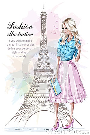 Beautiful blonde hair girl with hand bag. Fashion woman with eiffel tower on background. Hand drawn young woman in fashion clothes Vector Illustration