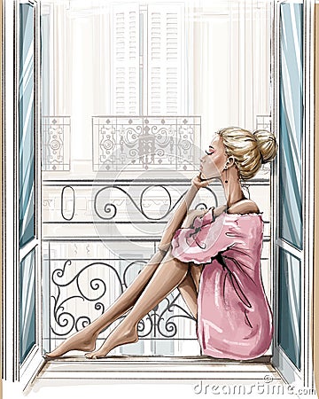 Beautiful blonde hair woman sitting on windowsill. Stock Photo