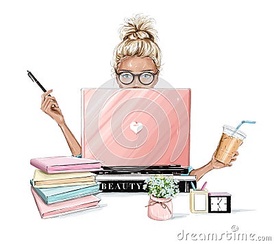 Beautiful blonde hair woman working on laptop computer. Pretty girl sitting at table, holding plastic coffee cup and using pen. Stock Photo