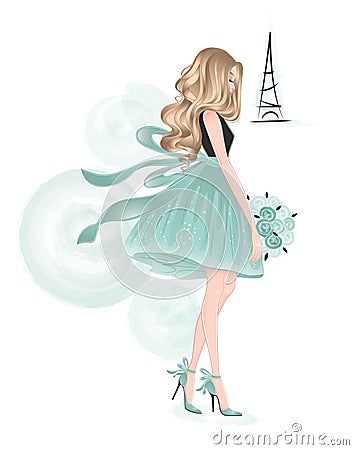 Beautiful blonde lady with bouquet in mint dress Vector Illustration