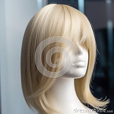 Beautiful blonde wig is put on a mannequin, close-up, Stock Photo