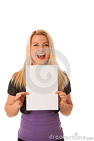 Beautiful blonde woman with blank banner for commercials isolate Stock Photo